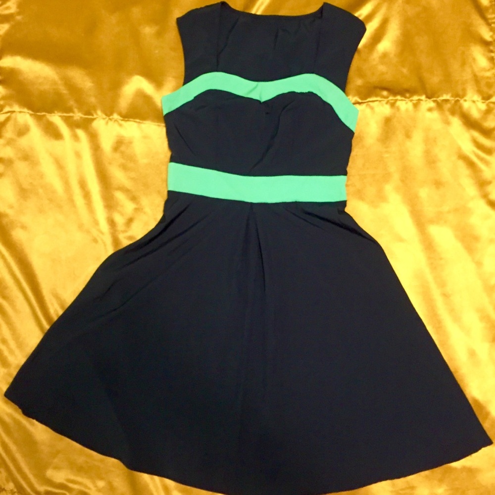 Navy & Teal Sweetheart Cut A-Line Dress